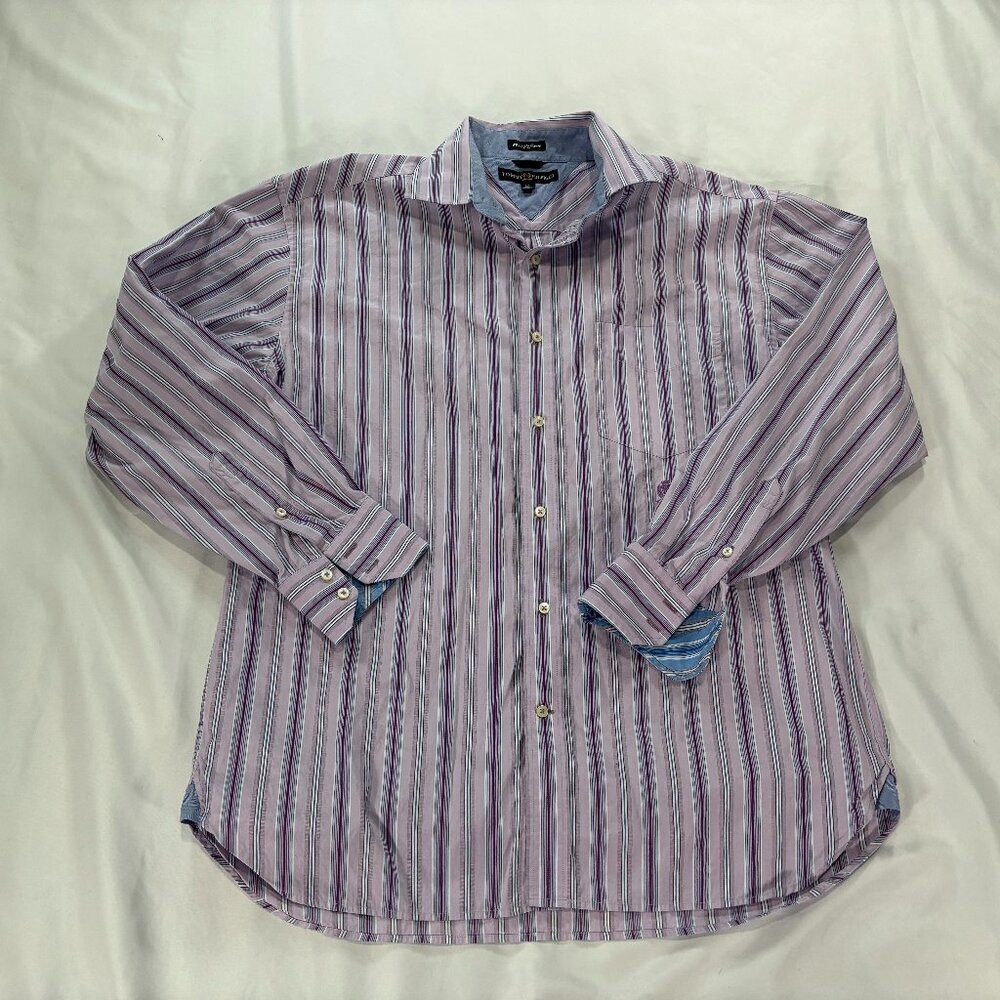 Tommy Hilfiger Long Sleeve Shirt Purple Striped 80's 2-Ply Cotton Large    Lot G